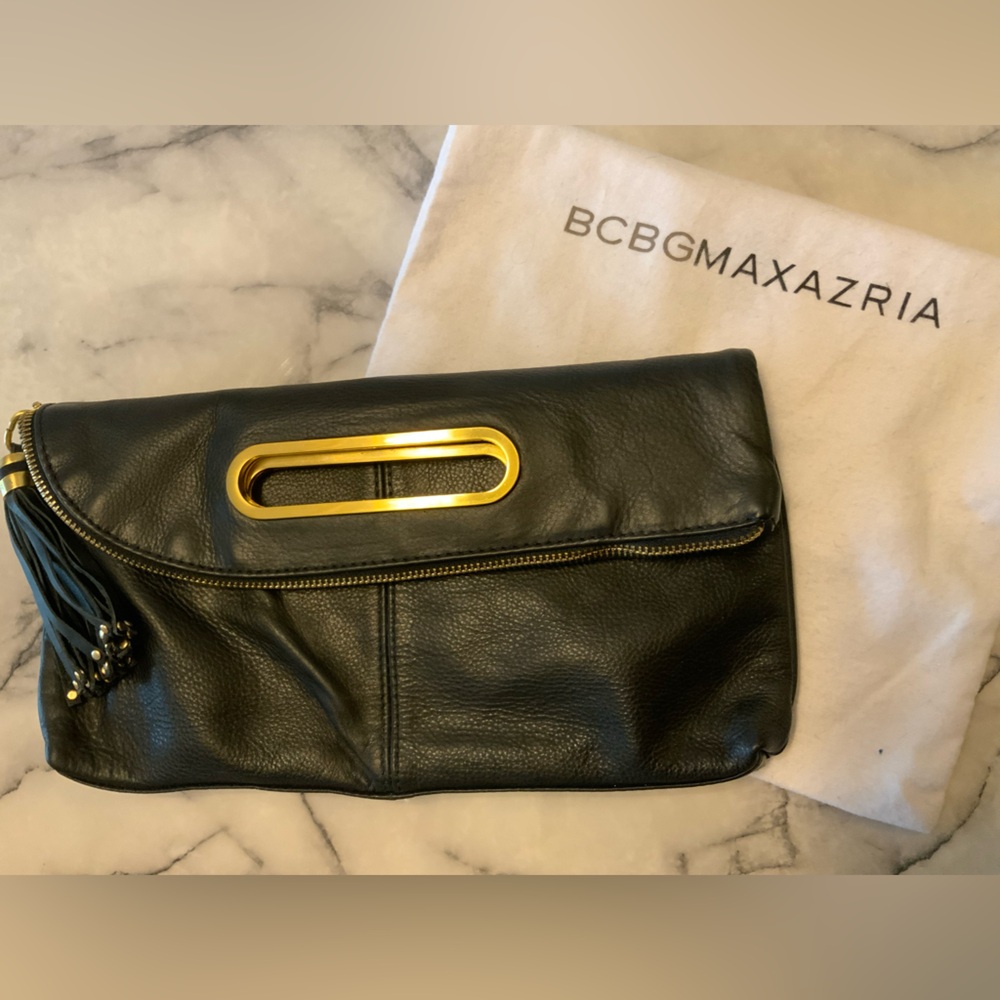 BCBGMaxAzria Black foldable Clutch ,tassel charm with Gold Details. - Picture 7 of 16